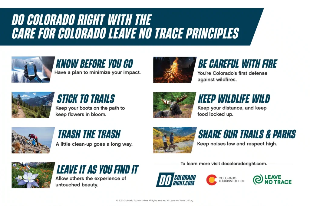 Do Colorado Right poster of the Leave No Trace principles: know before you go, stick to trails, trash the trash, leave it as you find it, be careful with fire, keep wildlife wild, and share trails and parks