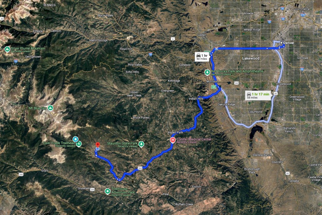 Map of the drive to Rosalie Ridge Cabin from the Denver area