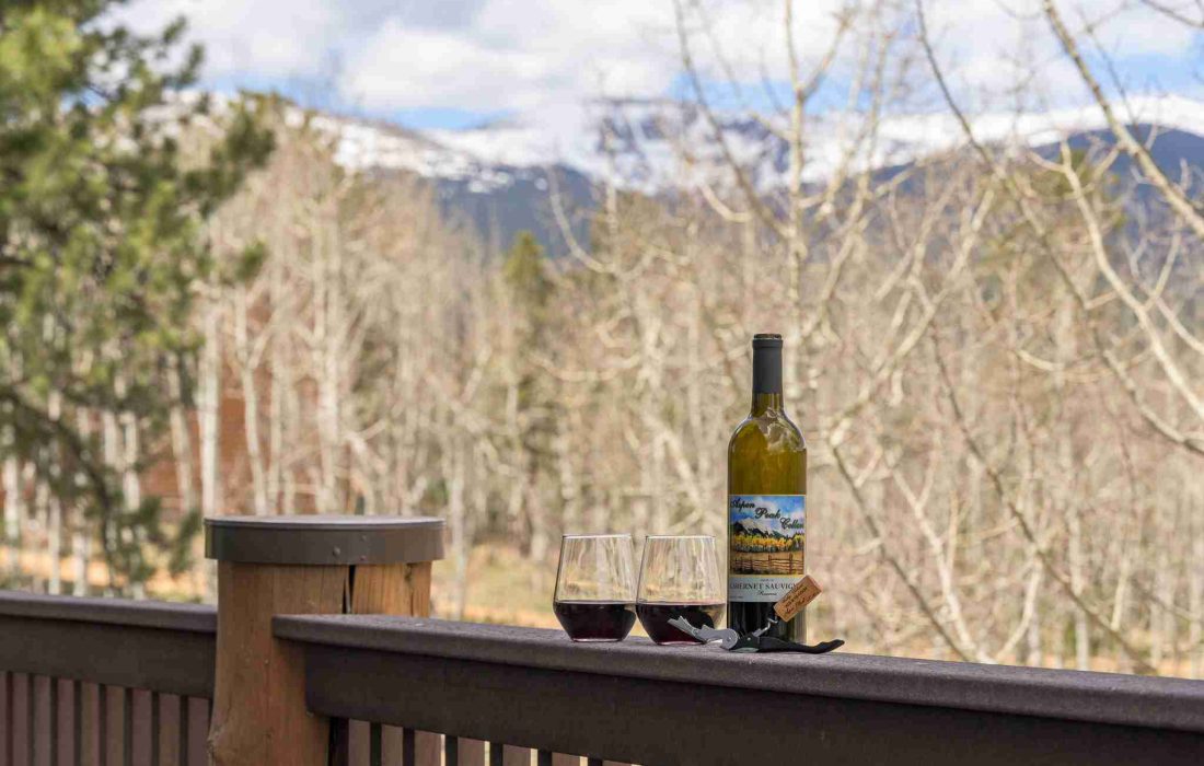 A bottle of wine on the deck railing, with snowcapped mountains beyond